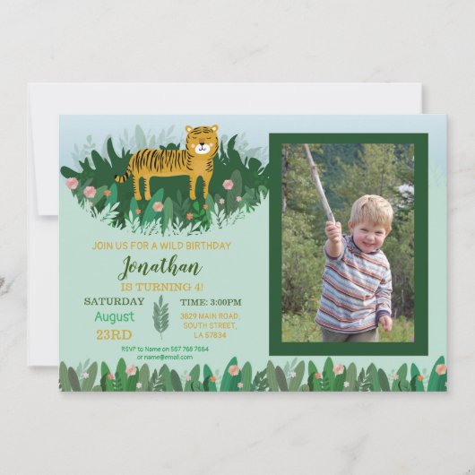 ジャングルのトラの誕生日の動物園のサファリの野生の写真 招待状 (正面)