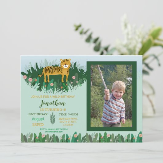 ジャングルのトラの誕生日の動物園のサファリの野生の写真 招待状 (スタンド正面)