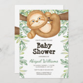 ジャングルのナマケモノの緑の水彩ベビーシャワー 招待状 (正面/裏面)