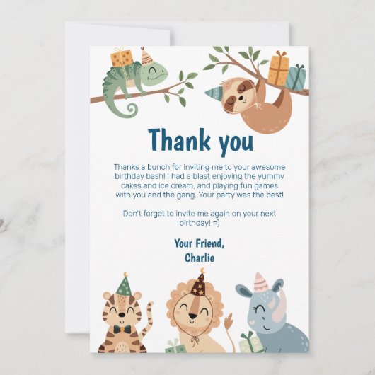 ジャングルのパーティー動物，ありがとうパーティー招待状 サンキューカード (正面)