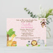 ジャングルのパーティー誕生日の招待ピンクの背景 招待状 (スタンド正面)