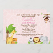 ジャングルのパーティー誕生日の招待ピンクの背景 招待状 (正面/裏面)