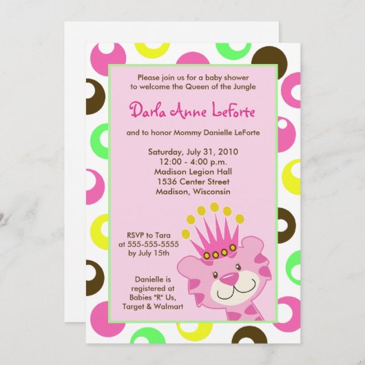 ジャングルのピンクタイガークイーン5x7赤ちゃんシャワー 招待状 (正面/裏面)