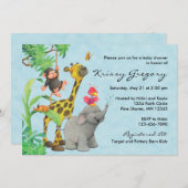 ジャングルのベビーのベビーシャワー招待状の│の青 招待状 (正面/裏面)