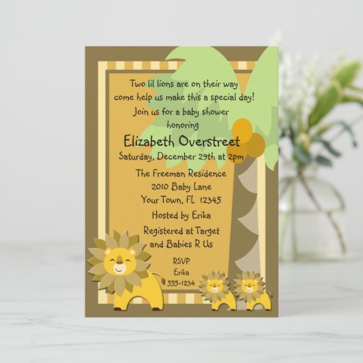 ジャングルのベビーのライオンはブライダル・シャワーの動物園のサファリを結び付けます 招待状 (スタンド正面)