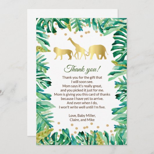 ジャングルのベビーシャワーのサンキューカードのかわいい動物 サンキューカード (正面/裏面)