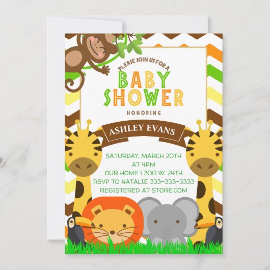 ジャングルのベビーシャワーの動物園動物のベビーの招待 招待状 (正面)