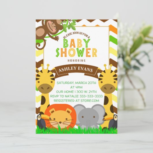 ジャングルのベビーシャワーの動物園動物のベビーの招待 招待状 (スタンド正面)