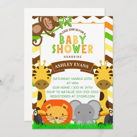 ジャングルのベビーシャワーの動物園動物のベビーの招待 招待状 (正面/裏面)