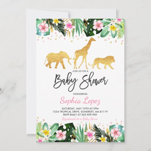 ジャングルのベビーシャワーの招待状の熱帯ベビーシャワー 招待状 (正面)