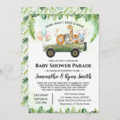 ジャングルのベビーシャワーを浴びるサファリ動物 招待状 (正面/裏面)