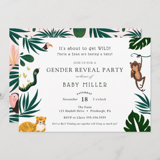 ジャングルのベビージェンダーのパーティー 招待状 (正面/裏面)