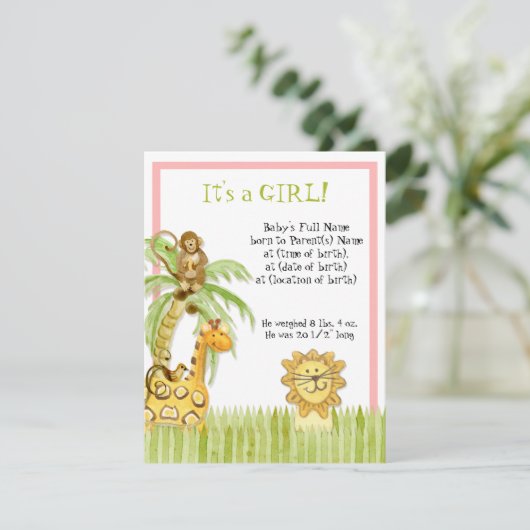 ジャングルのベビー、女の子の誕生のお知らせ 招待状 (スタンド正面)