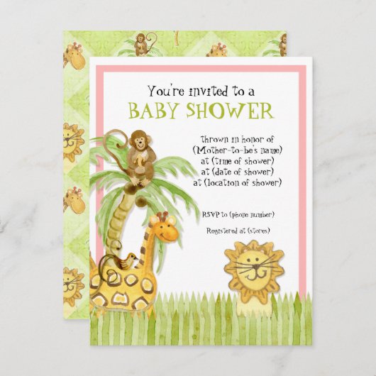 ジャングルのベビー，女の子の赤ちゃんシャワー招待状 – 緑 招待状 (正面/裏面)