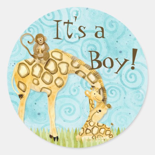 ジャングルのベビー,少年のベビーシール – 青 ラウンドシール (正面)