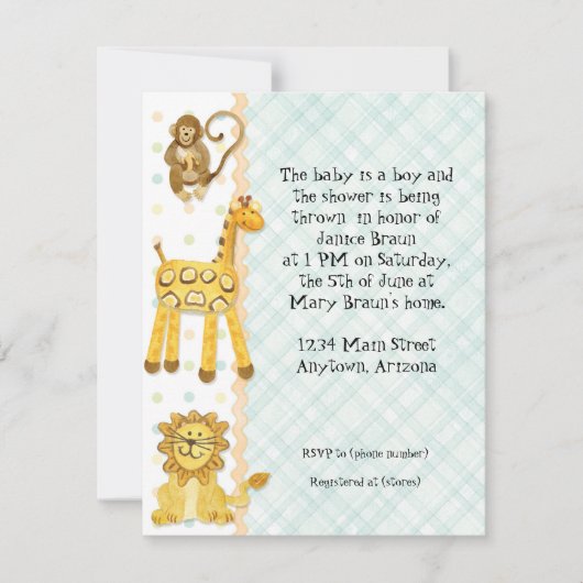 ジャングルのベビー、男の子の赤ちゃんシャワー招待状4 – 緑 招待状 (正面)