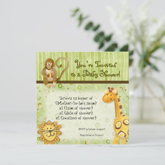 ジャングルのベビー，男の子の赤ちゃんシャワー招待状 – 緑 招待状 (スタンド正面)