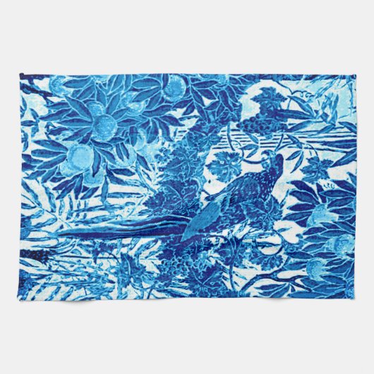 ジャングルの中のオウム、インジゴブルーとホワイト キッチンタオル (横)