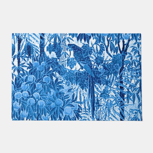 ジャングルの中のオウム、インジゴブルーとホワイト ドアマット (正面)