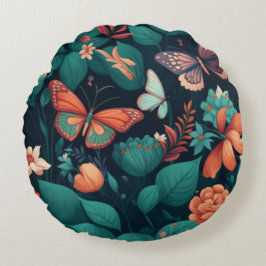 ジャングルの中の美しい花と蝶 ラウンドクッション