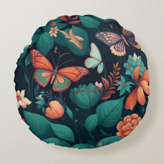 ジャングルの中の美しい花と蝶 ラウンドクッション (正面)