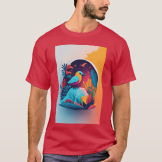 ジャングルの中の鳥のカラフルなシルエットデザイン Tシャツ
