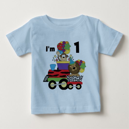 ジャングルの列車の第1誕生日のTシャツおよびギフト ベビーTシャツ (正面)