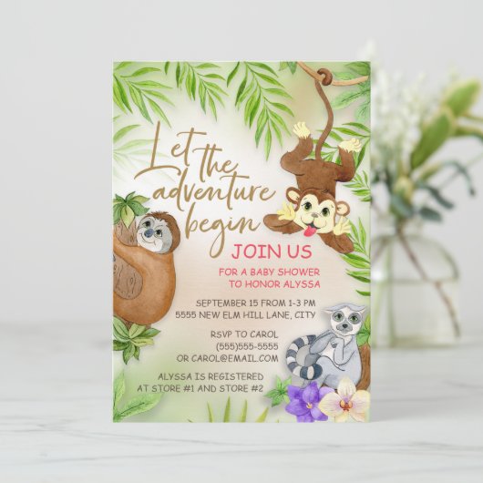ジャングルの動物が冒険を始める男の赤ちゃんシャワー 招待状 (スタンド正面)