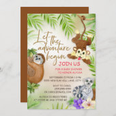 ジャングルの動物が冒険を始める男の赤ちゃんシャワー 招待状 (正面/裏面)