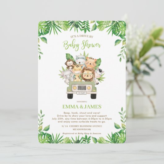ジャングルの動物が赤ちゃんシャワーでドライブ男女兼用 招待状 (スタンド正面)