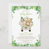 ジャングルの動物が赤ちゃんシャワーでドライブ男女兼用 招待状 (正面)