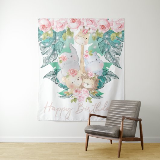 ジャングルの動物たちお誕生日おめでとう タペストリー (インサイチュ)