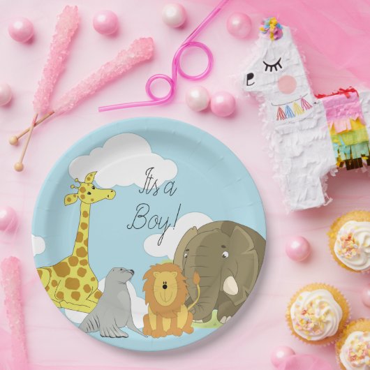 ジャングルの動物たちが少年の赤ちゃんシャワーをテーマにした ペーパープレート (パーティー)