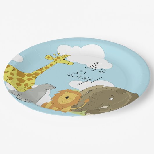 ジャングルの動物たちが少年の赤ちゃんシャワーをテーマにした ペーパープレート (アングル)