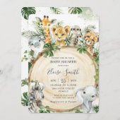 ジャングルの動物たちが木を切り取り、緑のベビーシャワー 招待状 (正面/裏面)