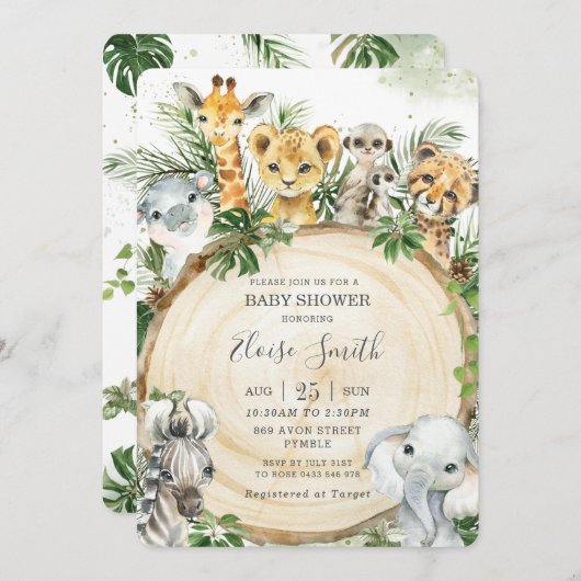 ジャングルの動物たちが木を切り取り、緑のベビーシャワー 招待状 (正面/裏面)