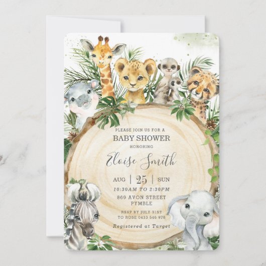 ジャングルの動物たちが木を切り取り、緑のベビーシャワー 招待状 (正面)
