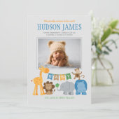 ジャングルの動物たちが赤ちゃん男の子の誕生を祝う 青い写真の出産報告 案内状 (スタンド正面)