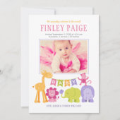 ジャングルの動物たちと一緒に誕生日おめでとう ピンクの写真付き 案内状 (正面)