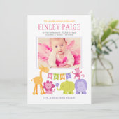 ジャングルの動物たちと一緒に誕生日おめでとう ピンクの写真付き 案内状 (スタンド正面)