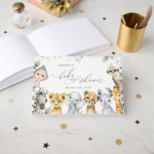 ジャングルの動物たち、サファリ、ワイルドワン、ベビーシャワー ゲストブック (正面見開き)