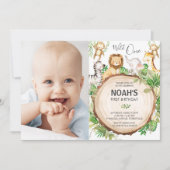 ジャングルの動物たち 1歳のワイルドな誕生日 緑の写真 招待状 (正面)