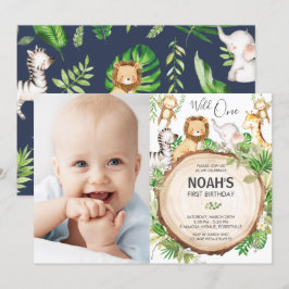 ジャングルの動物たち 1歳のワイルドな誕生日 緑の写真 招待状