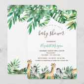 ジャングルの動物とトロピカルリーフのベビーシャワー 招待状 (正面/裏面)