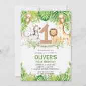 ジャングルの動物と緑のサファリ 1歳の誕生日パーティー 招待状 (正面)