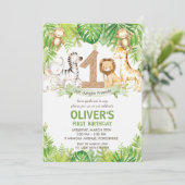 ジャングルの動物と緑のサファリ 1歳の誕生日パーティー 招待状 (スタンド正面)