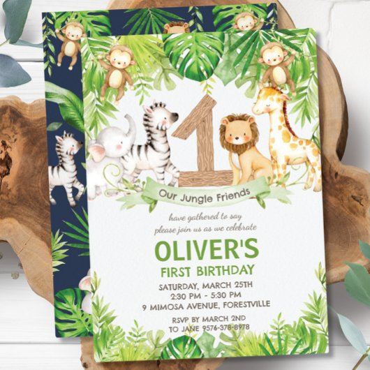 ジャングルの動物と緑のサファリ 1歳の誕生日パーティー 招待状