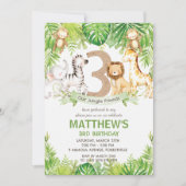 ジャングルの動物と緑のサファリ 3歳の誕生日パーティー 招待状 (正面)