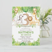 ジャングルの動物と緑のサファリ 3歳の誕生日パーティー 招待状 (スタンド正面)