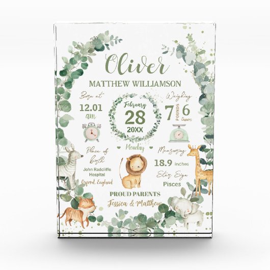 ジャングルの動物と緑の赤ちゃん誕生記念プリントステッカー フォトブロック (正面)